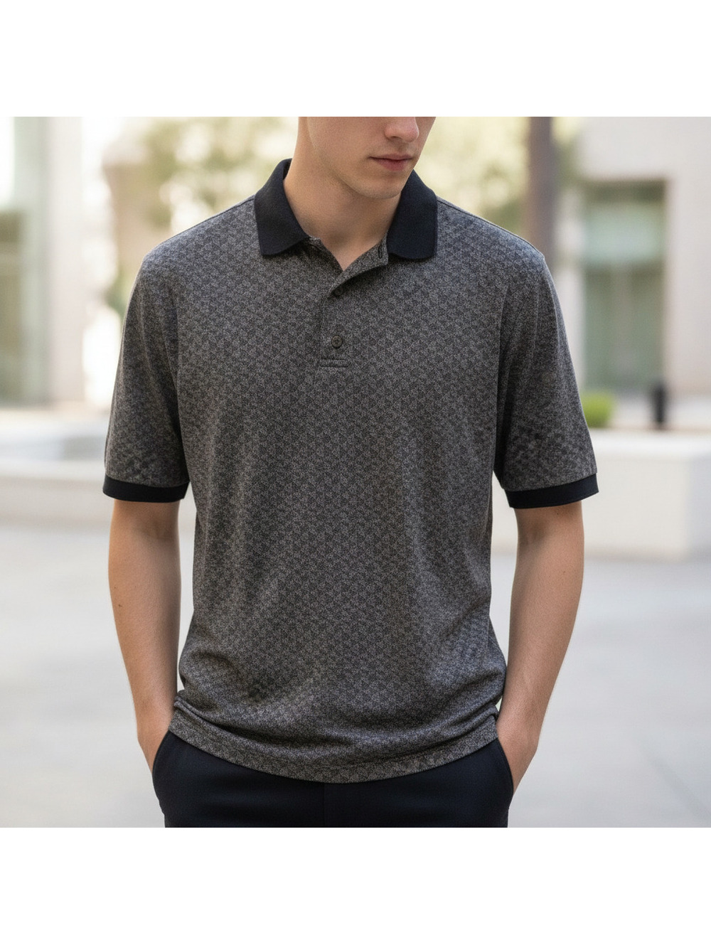 LIKE NEW Pebble Beach Men's Polo Shirt in Black and Gray Pattern